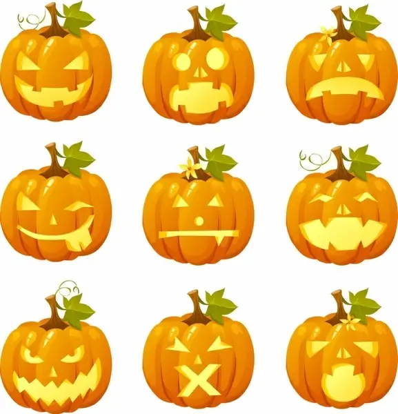 halloween pumpkin icons modern 3d sketch horror faces