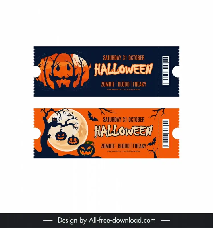 halloween tickets templates flat frightening elements scene 
