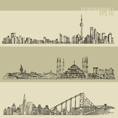hand drawing city retro background vector