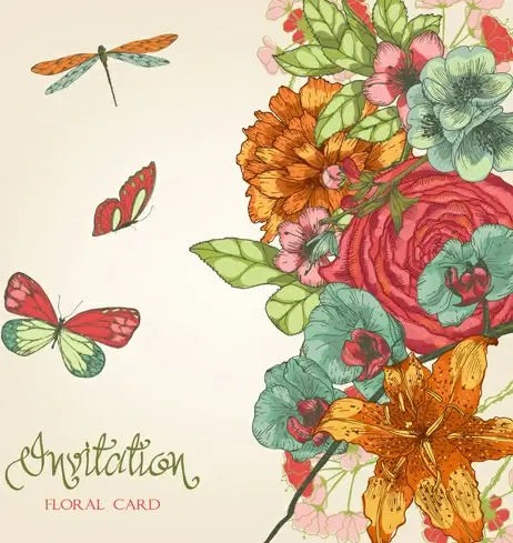 hand drawn colored floral invitation cards vector