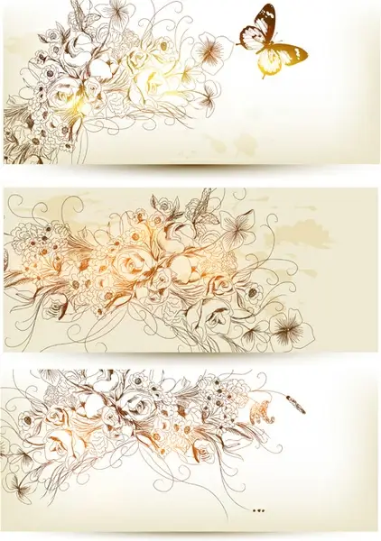 hand drawn floral with butterflies vector banner