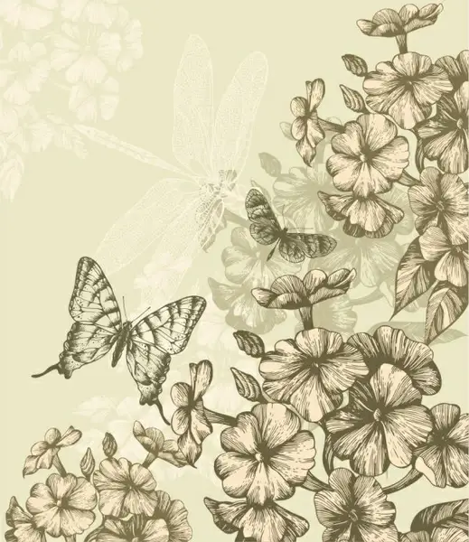 hand drawn flower with butterflies and dragonflies vector set