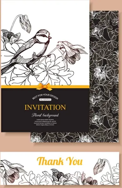 hand drawn retro flower with bird wedding invitations vector