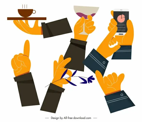 hand gesturing icons action sketch colored flat handdrawn