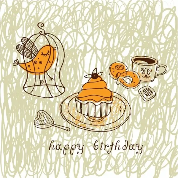 birthday background handdrawn classic bird cage cakes sketch