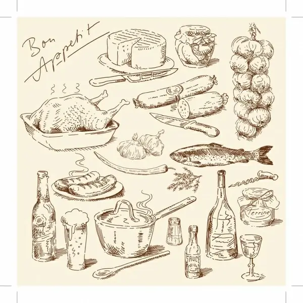 cooking design elements retro handdrawn symbols sketch