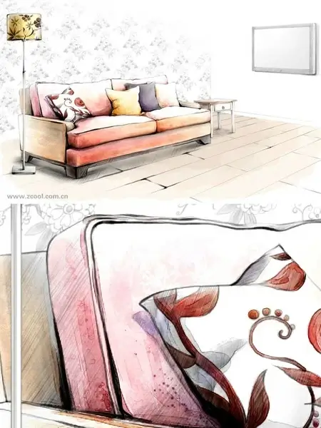 handdrawn style interior decoration psd layered images 2