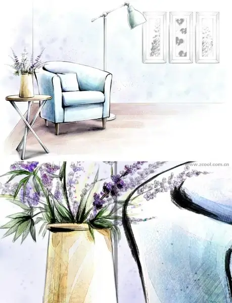 handpainted style interior decoration psd layered pictures 5