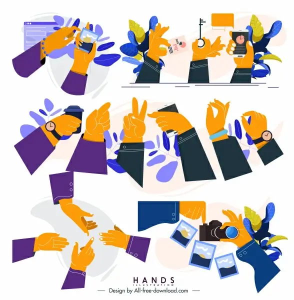hands gestures icons colored classic design