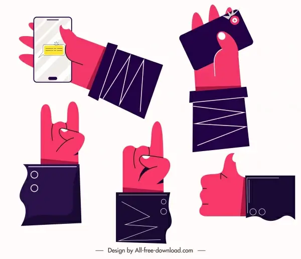 hands gestures icons colored flat sketch