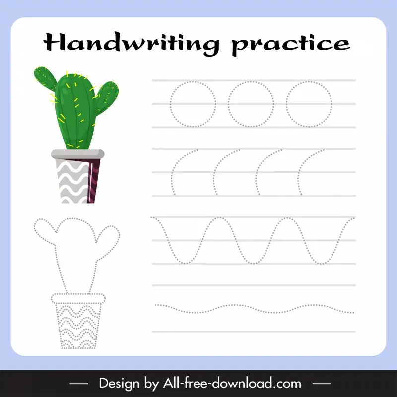 handwriting practice sheet educational template handdrawn cactus houseplant sketch