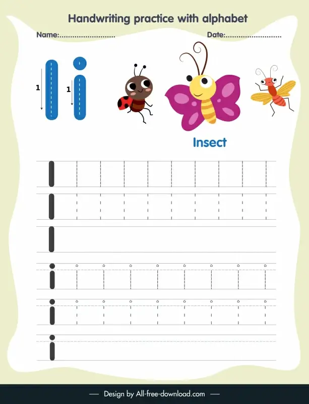 handwriting practice template alphabet letter tracing i  insect ladybug butterfly ant sketch