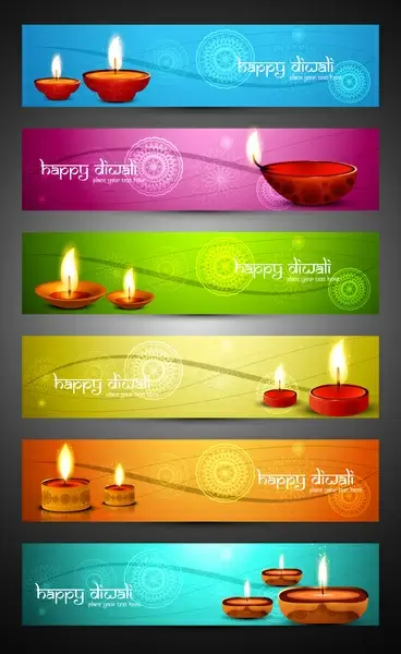 happy diwali stylish bright colorful set of headers design vector