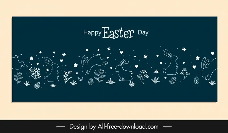 happy easter banner bunnies flowers handdrawn sketch