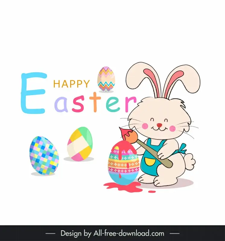 happy easter greeting card banner cute cartoon stylized rabbit colorful painted eggs decor