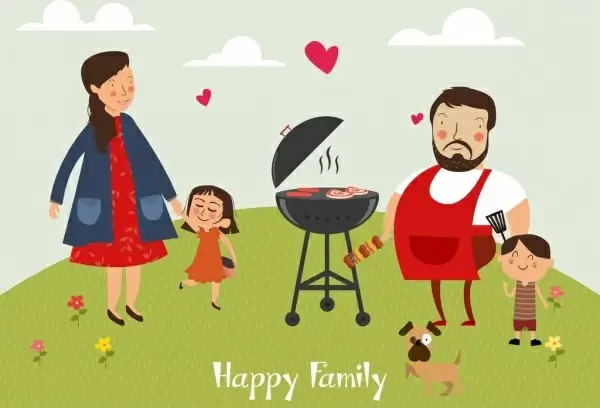 happy family background barbecue icon colored cartoon characters