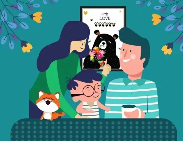 happy family drawing parents boy icons cartoon design