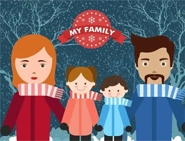 happy family theme human icons in winter scenery 