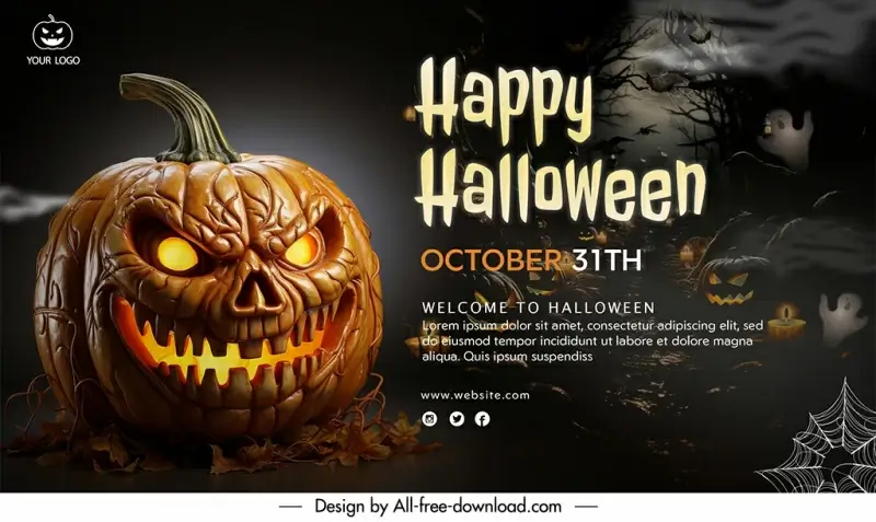 happy halloween banner template frightening pumpkin face scary scene 