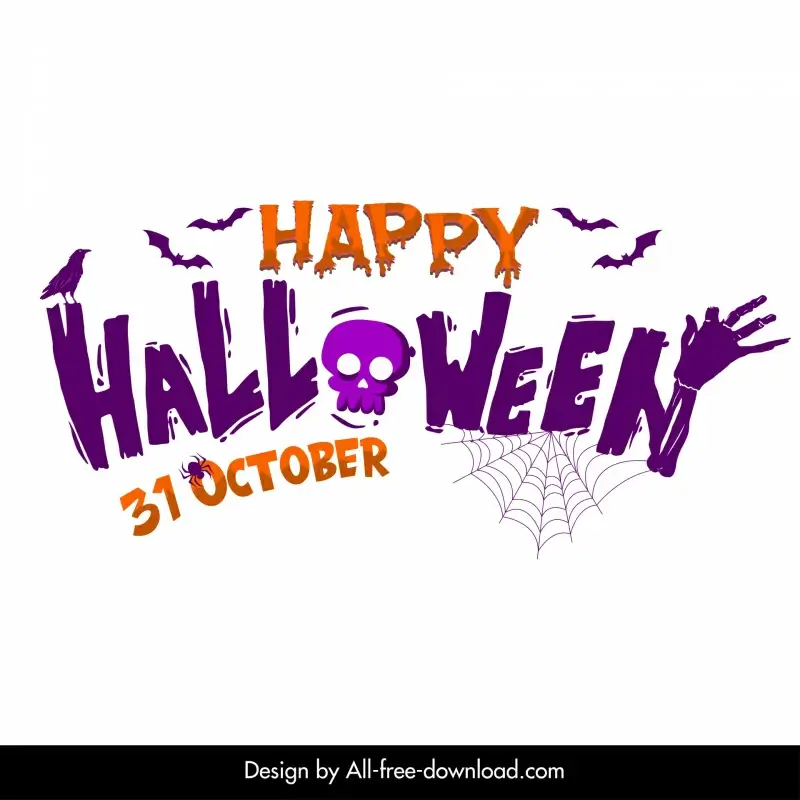 happy halloween party design element stylized texts spiderweb bone skull bat raven sketch