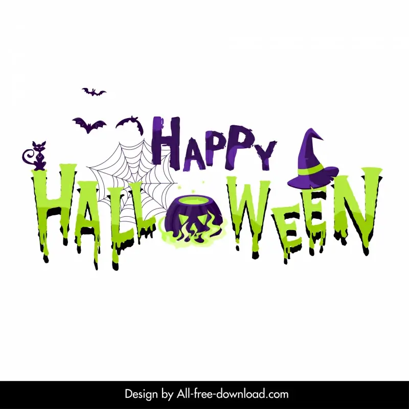 happy halloween party design elements flat classical texts bats cat pumpkin spider web witch hat sketch