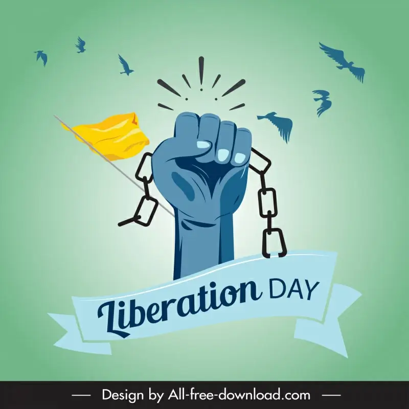 happy liberation day poster dynamic flying birds breaking chain hand flat sketch