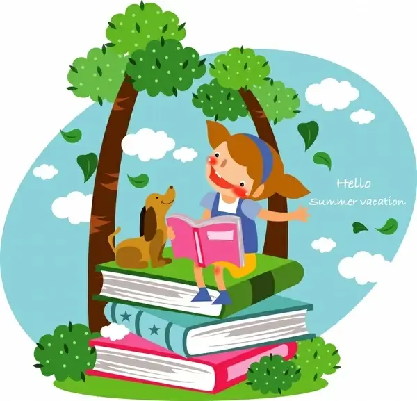 childhood background studying girl book stack icons decor