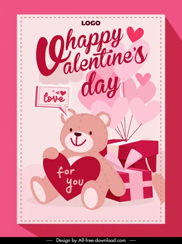 happy valentine day poster template cute classical teddy bear hearts present box outline 