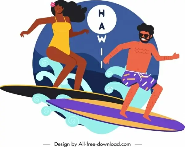 hawaii advertising background surfing people icon cartoon sketch