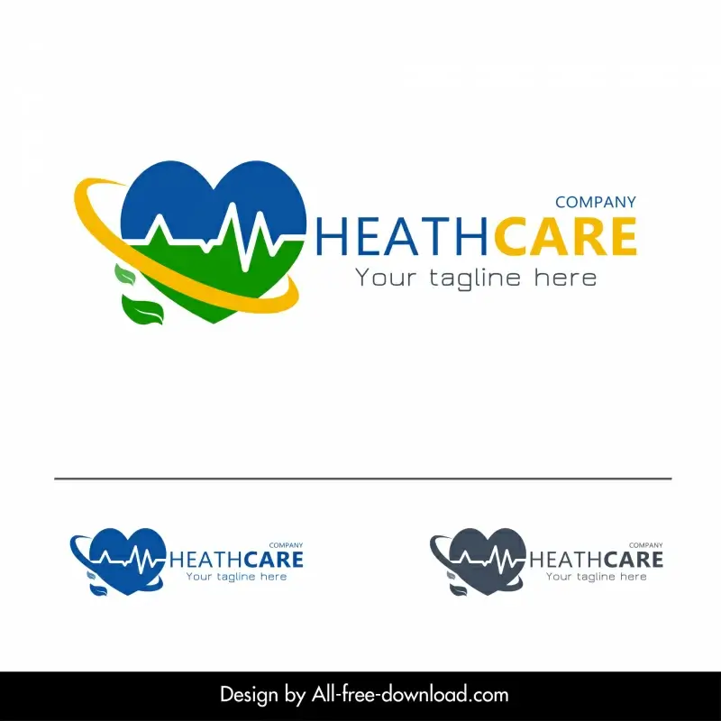 healthcare company logotype flat heart cardiogram leaf curves sketch