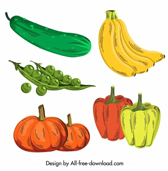 healthy food icons colored retro sketch