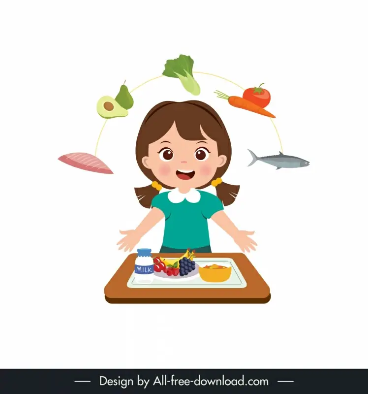 healthy life design elements cartoon girl healthy food