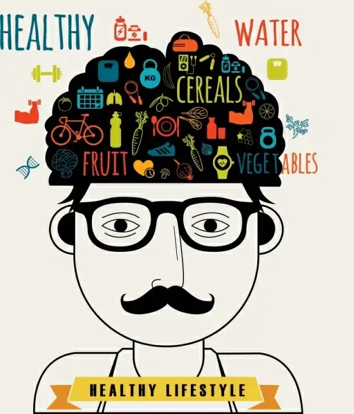 healthy lifestyle banner man brain food icons decor