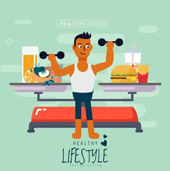 healthy lifestyle banner man gym food scale icons