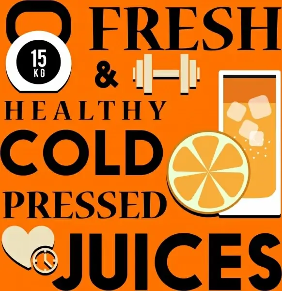 healthy lifestyle banner orange juice dumbbell texts icons