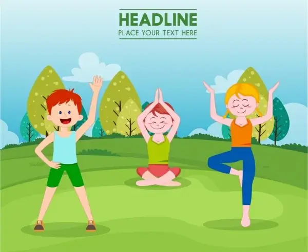 healthy lifestyle banner young people exercising colored cartoon