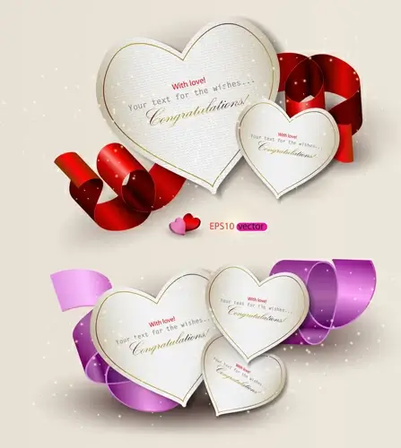 heart and ribbons valentine cards vector set