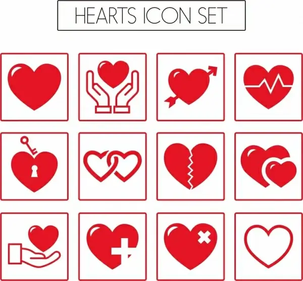 heart icons collection various red flat types isolation