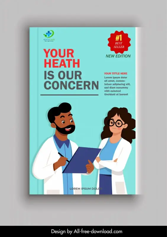 heathcare book cover template doctors sketch cartoon characters outline 