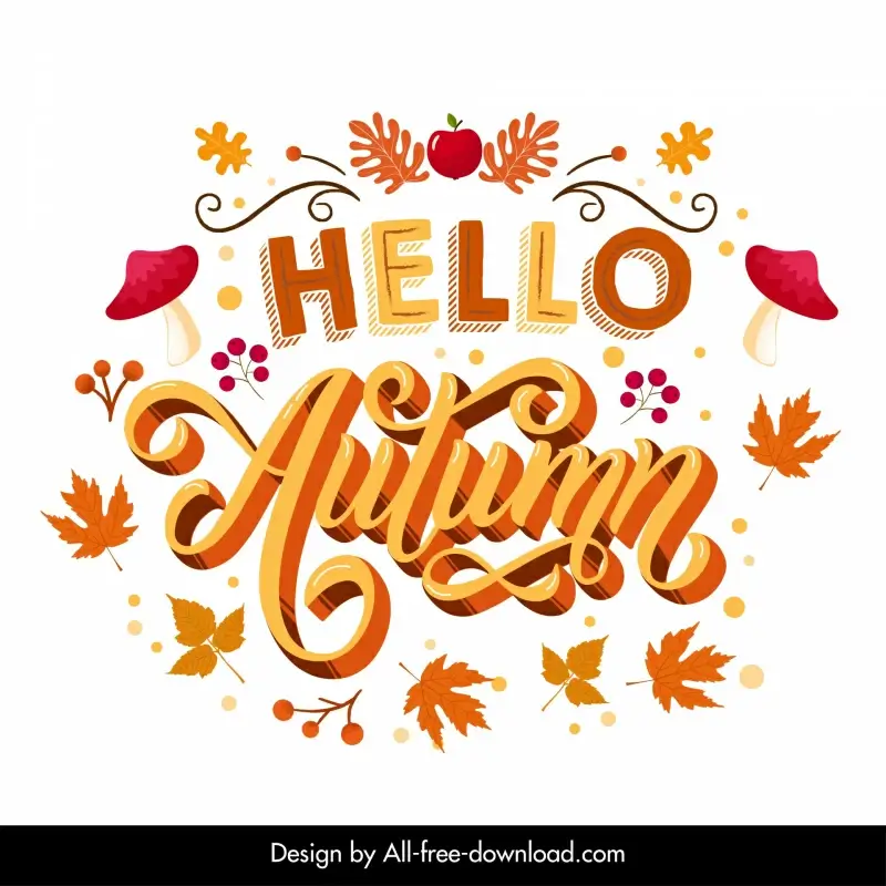 hello autumn typography banner template classical leaf mushroom apple texts