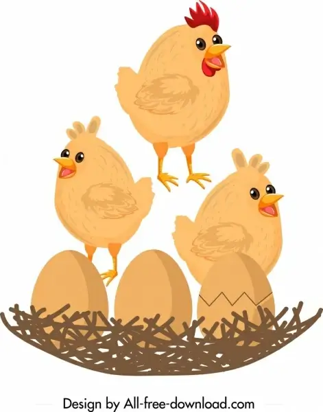 hen nest painting cute chicks eggs icons decor