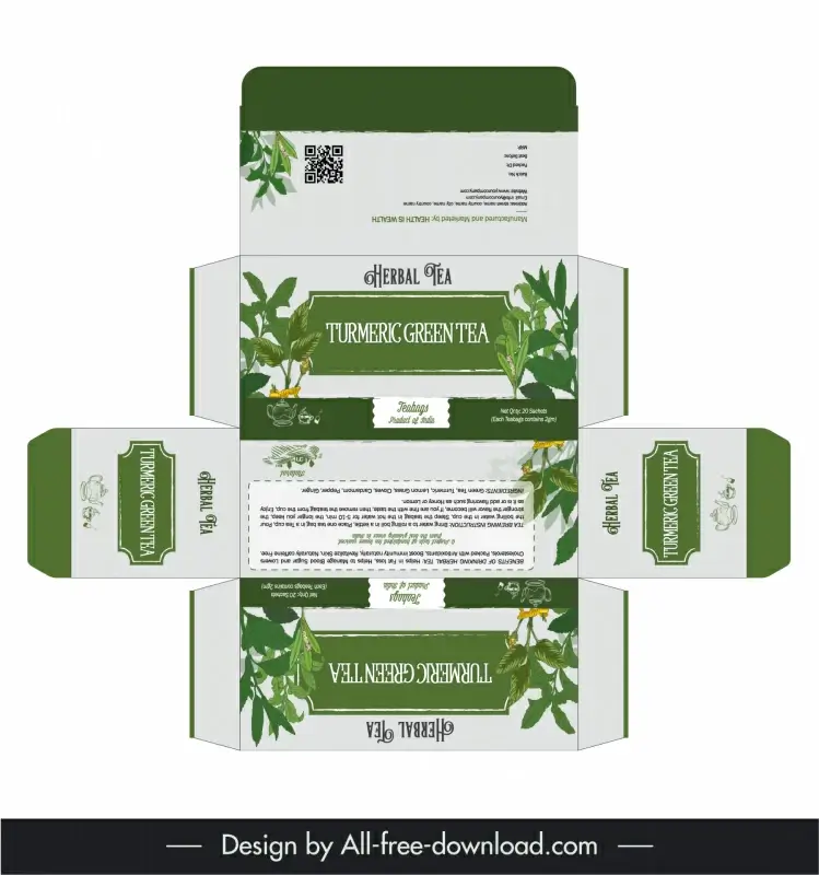 herbal tea packaging template flat symmetric design elegant leaves decor 
