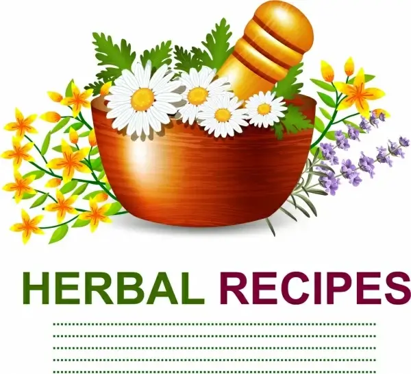 herbs advertising colorful flowers decoration pestle mortar icons