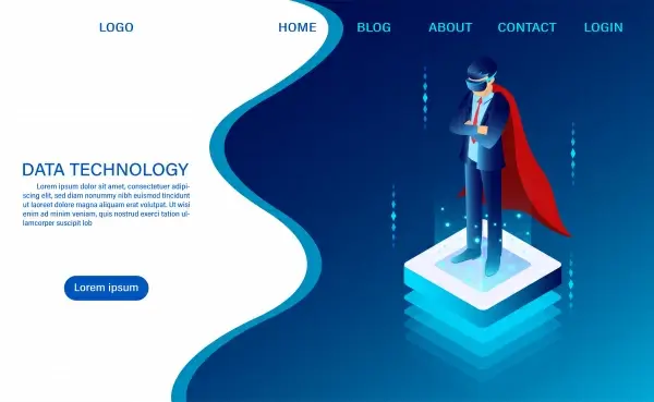 hero businessman is standing wearing goggle vr on the luminous button concept it technology web header template flat isometric vector illustration