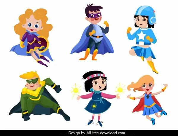 hero kids icons cute cartoon characters sketch