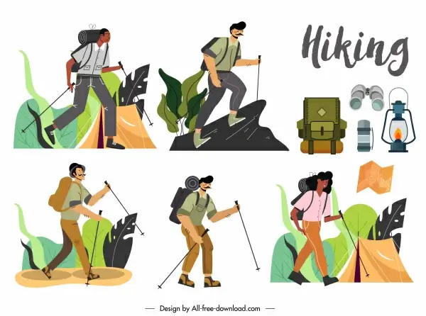 hiking icons classic design cartoon characters sketch 