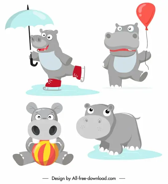hippo characters icons funny stylized sketch