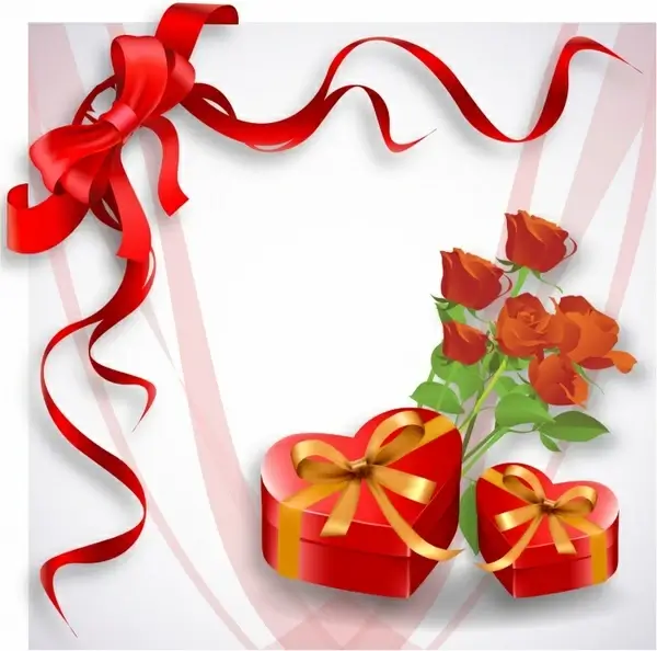 Holiday background with red heart-shaped gift box and rose