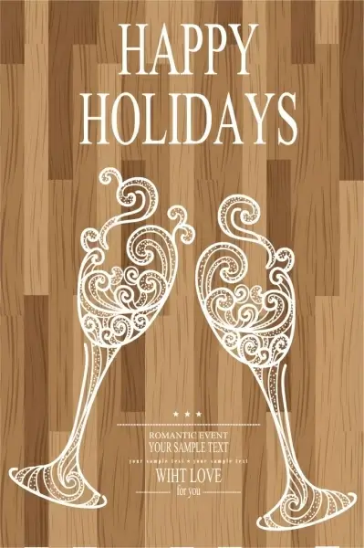 holiday banner wine glasses icons wooden backdrop