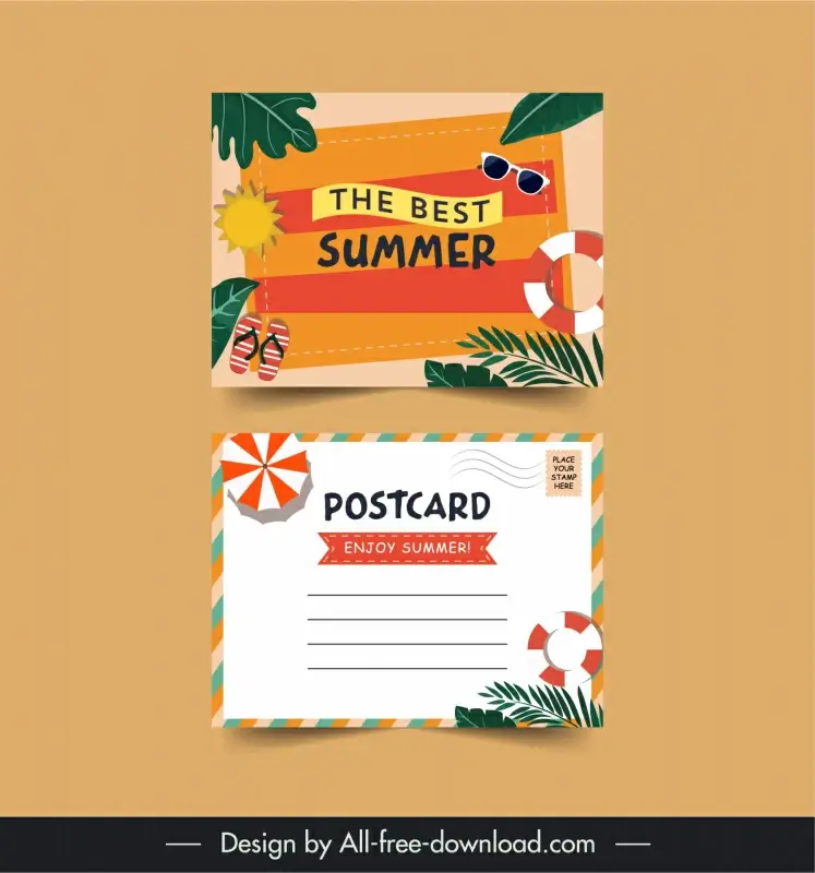 holiday postcard template elegant flat beach elements 